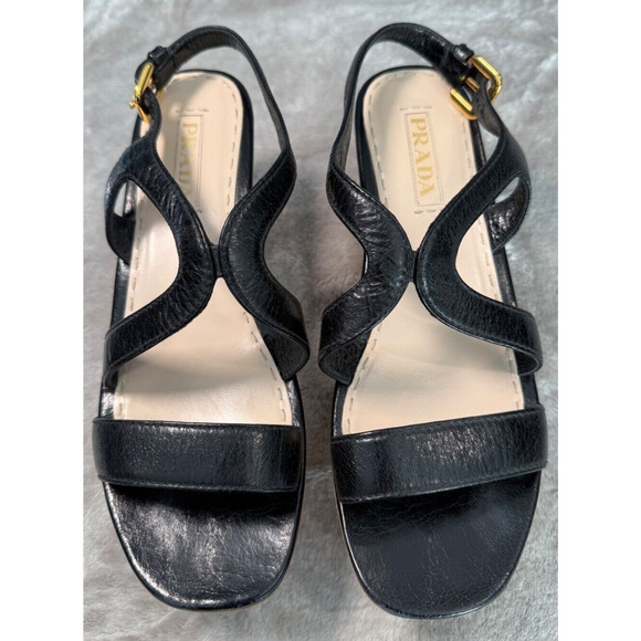 Prada Vintage Black Leather Cork Wedge Slingback Sandals EU 39 US 8 - Picture 1 of 8